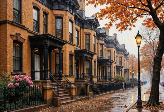charming brick townhouses lined along a rainy street in autumn