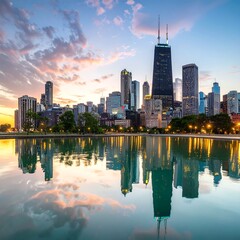 Fototapeta premium City skyline reflected in a calm pool at sunrise