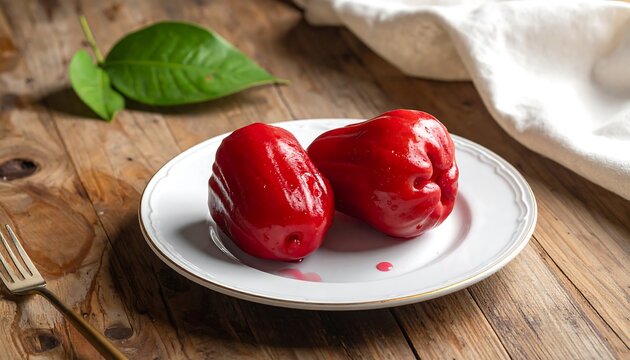 Two vibrant, glistening red rose apples rest on a white plate, showcasing their smooth skin and juice droplets on a rustic wooden surface.