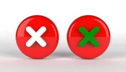 Two red buttons with a white and green x
