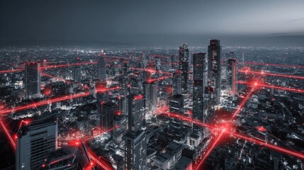 Futuristic Cityscape with Digital Network Overlay, Representing Connectivity, Technology, and Urban Innovation at Night
