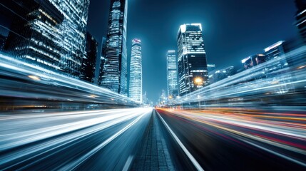 Futuristic Night Cityscape with Light Trails: Modern Urban Life and High-Speed Transportation