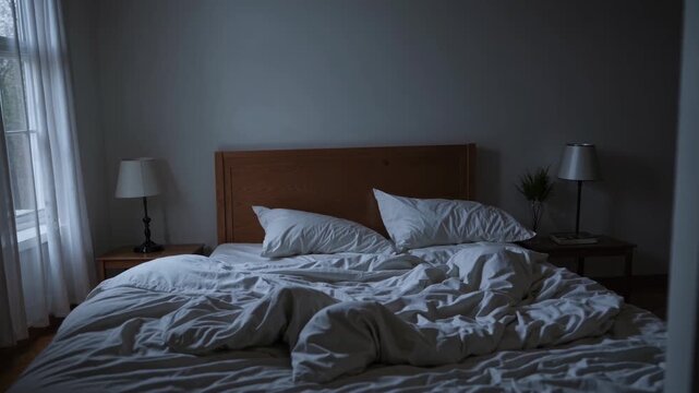 Cozy bedroom with rumpled sheets and soft lighting creates a serene atmosphere for relaxation and rest