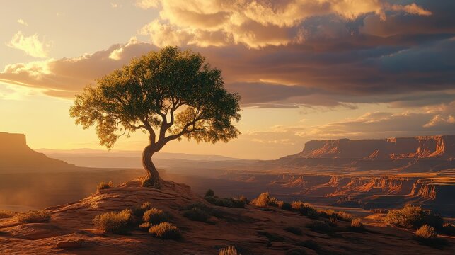 A lone tree on a hill overlooking a vast canyon landscape at sunset with dramatic clouds above it all - Powered by Adobe