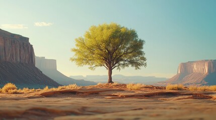 A lone tree stands in a desert landscape with mesas and a clear blue sky in the background view