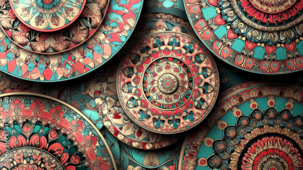 Poster a collection of intricately designed circular patterns featuring vibrant colors and detailed ornamen