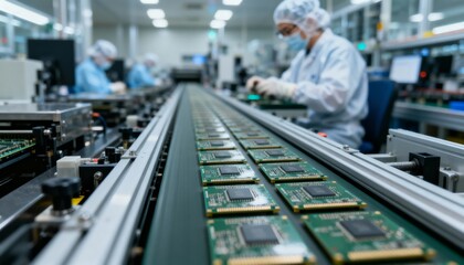 Electronics Manufacturing: Automated Assembly Line with Microchips Being Produced in a Cleanroom Environment for Technological Advancement