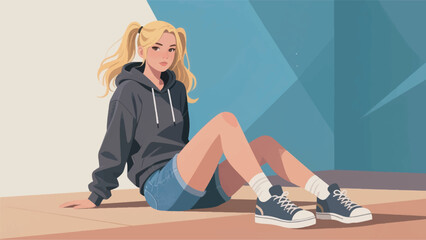 illustration of a young woman wearing a hoodie sitting on the floor vector design template