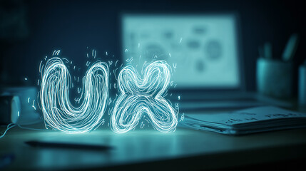 ux glowing wire typography on desk, futuristic concept for user experience design, digital interfaces, and creative web development presentations	
