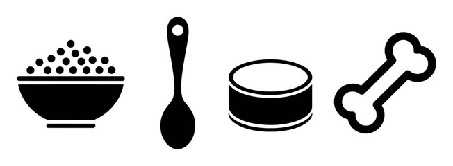 Icons of pet food, spoon, can, and bone on white background