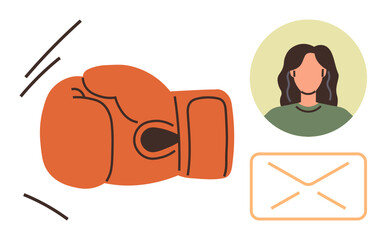 Boxing glove in punching action near email and profile elements. Ideal for competition, conflict resolution, communication struggle, debate, teamwork, decision-making, sportsmanship. Simple flat