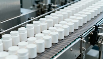 Obraz premium Pharmaceutical Manufacturing: White Pill Bottles Moving on Conveyor Belt in a Clean Factory