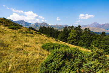 Fototapeta premium The Arbizon Massif seen from the Col d’Aspin, surrounded by verdant valleys and forested slopes of the Hautes-Pyrénées