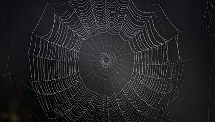 A detailed close-up of a spiderweb, covered in glistening dew drops, creates an intricate, delicate pattern against a dark background.
