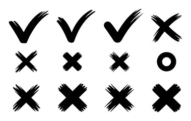 Obraz premium Black Checkmarks and X's with a Single Circle on White Background
