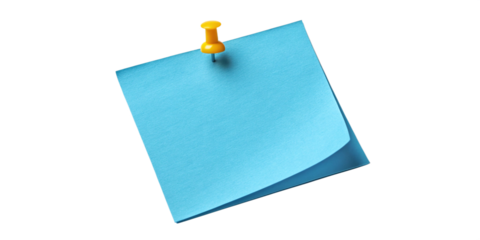 Blank Blue Sticky Note with Yellow Push Pin on Transparent Background
Blue Memo Note with Pushpin Isolated on Transparent Background