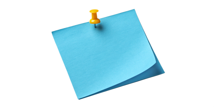 Blank Blue Sticky Note with Yellow Push Pin on Transparent Background
Blue Memo Note with Pushpin Isolated on Transparent Background