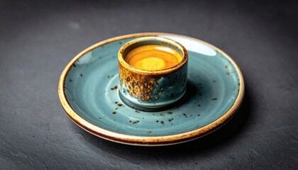 Artisanal Espresso with Golden Crema in Rustic Teal Ceramic Cup on Dark Background
