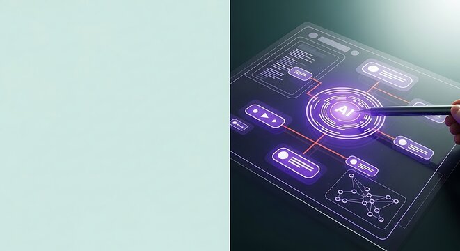 Futuristic AI interface interaction with digital dashboard glowing with neon purple lights