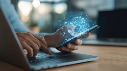 Man Using Laptop and Smartphone with Abstract Digital Network Connection Overlay for Business and Technology