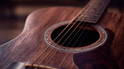 Fototapeta premium Acoustic Guitar Close-Up: Musical Instrument Detail with Strings, Sound Hole, and Wood Grain Texture