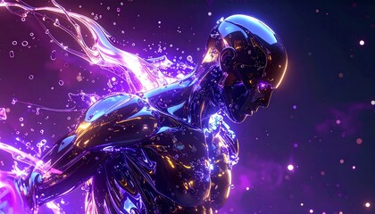 Full-frame futuristic liquid chrome humanoid wallpaper with cosmic background
