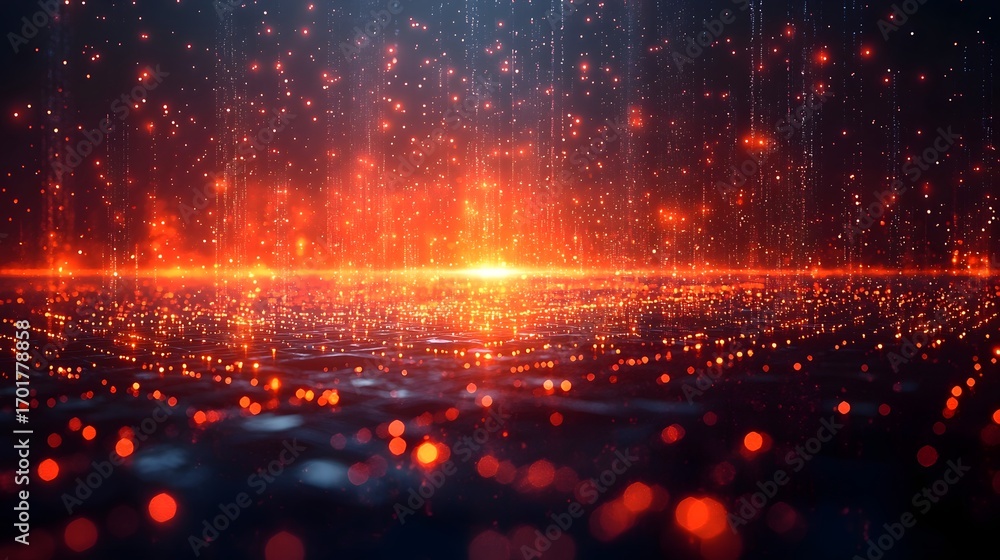 Poster abstract digital network of glowing red particles and data streams against a dark background