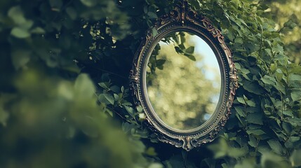 Ornate oval mirror hanging among green leaves reflecting a blurred outdoor scene in daylight