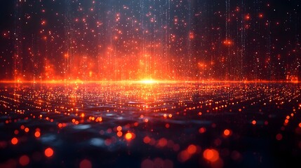 Abstract digital network of glowing red particles and data streams against a dark background