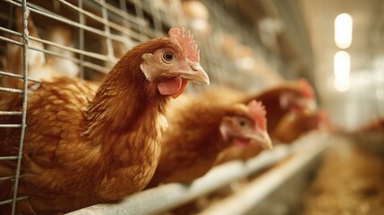Brown Hens in Cages on a Poultry Farm, Providing Eggs for Food Production and Agribusiness