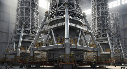 A wide-angle, industrial shot showing large rocket boosters or space launch vehicle components in a massive assembly hangar