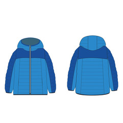 Unisex quilted padded Jacket technical fashion Illustration. Hooded down Jacket technical drawing template