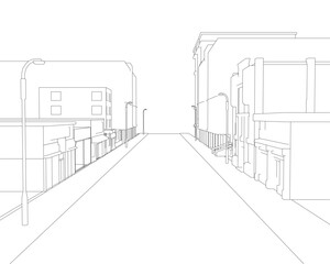 Black and white contour drawing of a city street with buildings and street poles on a white background.