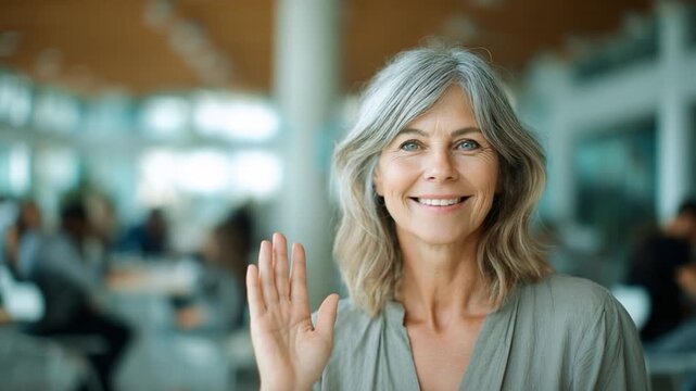 Smiling Hello: An elegant, mature woman with gentle grey hair extends a welcoming hand, framed by a modern, light-filled architectural setting.