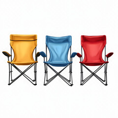 Group set of three camping chairs of different colors, blue red and yellow isolated on white background
