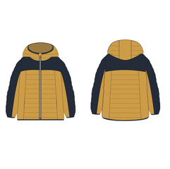 Unisex quilted padded Jacket technical fashion Illustration. Hooded down Jacket technical drawing template