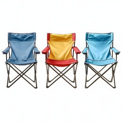 Group set of three camping chairs of different colors, blue red and yellow isolated on white background