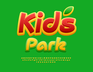 Vector playful template Kids Park. Bright Yellow and Green Font. Handwritten Alphabet Letters and Numbers set.