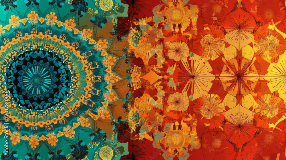 Poster A colorful fractal design featuring intricate patterns and a symmetrical arrangement of shapes and colors
