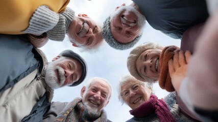 A Circle of Joy: A heartwarming moment captured from a unique perspective as a group of senior citizens huddle together, smiling warmly, and radiating joy. A celebration of community and togetherness. - Powered by Adobe