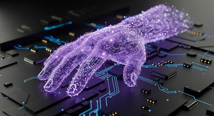 Stunning holographic hand emerges from digital circuit board, symbolizing AI and future technology
