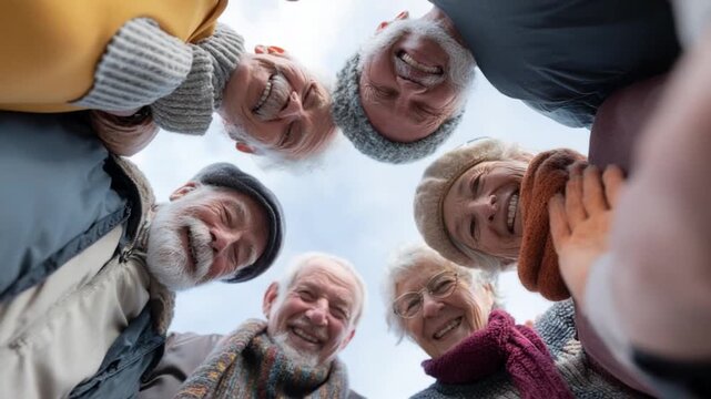 A Circle of Joy: A heartwarming moment captured from a unique perspective as a group of senior citizens huddle together, smiling warmly, and radiating joy. A celebration of community and togetherness.
