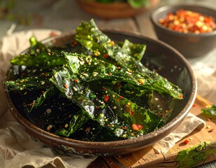 Crispy, seasoned seaweed snacks are piled high in a dark bowl, showcasing vibrant green seaweed and colorful spices.