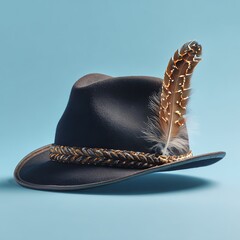 Elegant dark felt hat with golden feather and braided band on a blue background