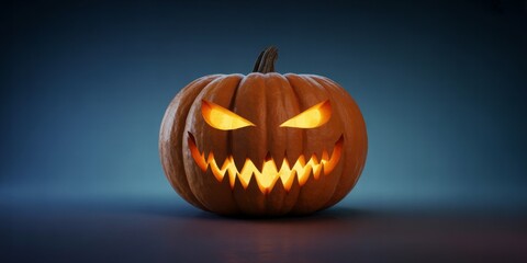 Fototapeta premium Spooky Halloween Pumpkin: This image showcases a traditionally carved pumpkin with a sinister grin, casting an eerie glow.
