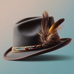 Traditional Brown Felt Hat with Colorful Braided Band and Decorative Feathers on Blue Background