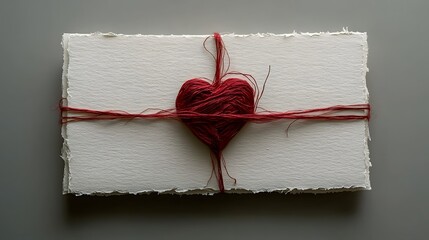A rustic stack of handmade textured cards tied with red twine featuring a decorative heart shape crafted from the same red thread