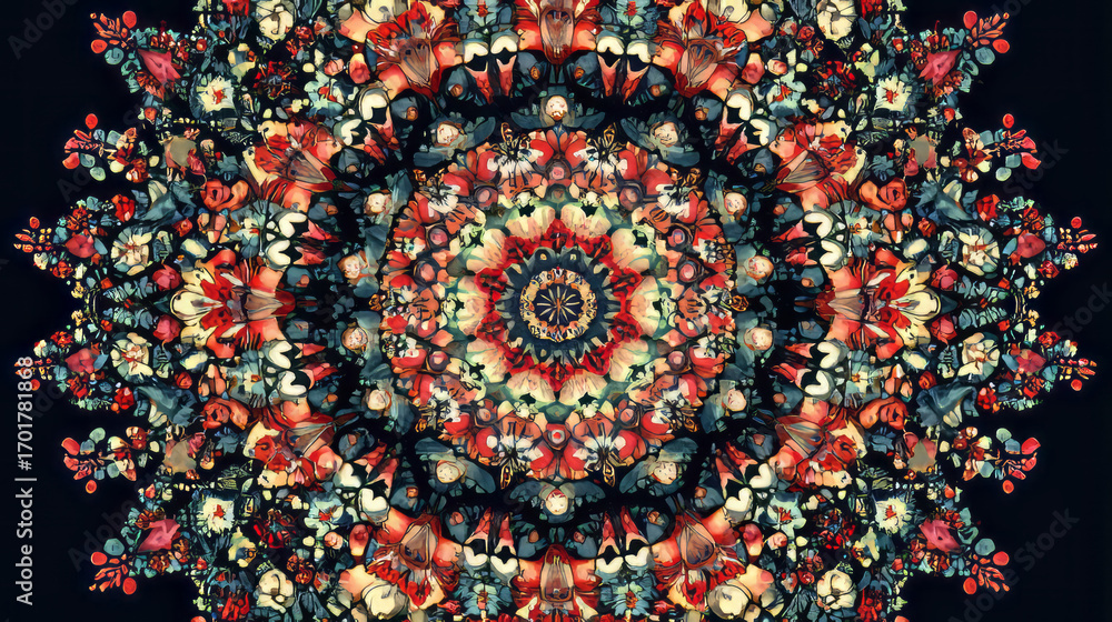 Aufkleber a complex colorful mandala pattern with floral elements and symmetrical design on a dark background 