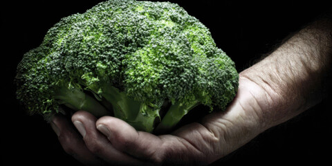 A hand holding a head of broccoli