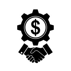 Vector art of black and white icon of a gear with a dollar sign inside, symbolizing financial success and partnership
